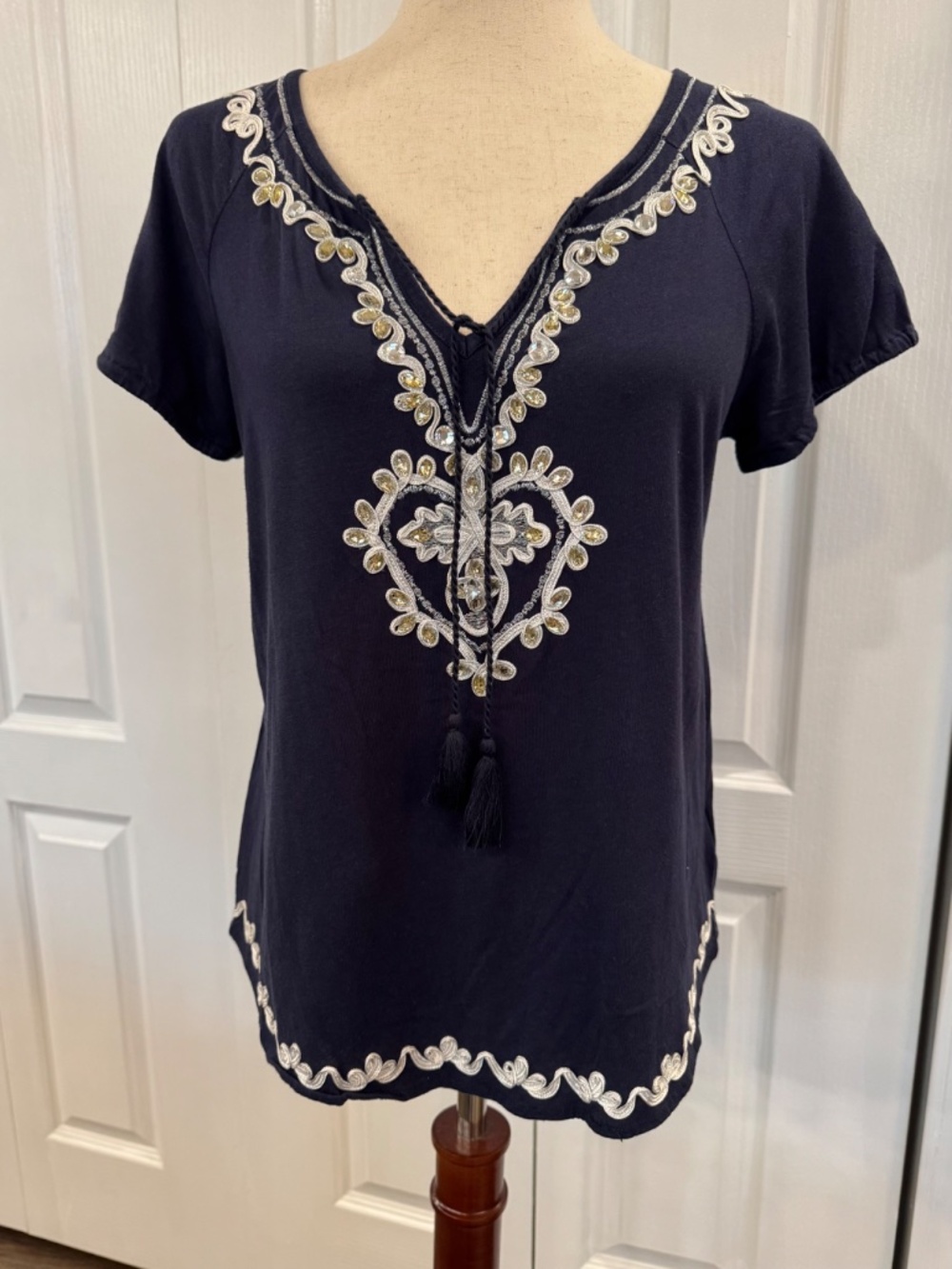 Woman's Size M Boho Shirt by I.N.C. Rhinestones & Embroidery, V-Neck, Navy Blue